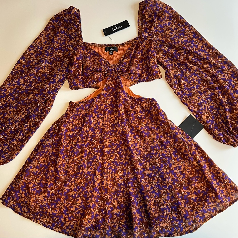 Lulus Dress Size Medium Purple Orange Floral Cutout Tie Front Balloon Sleeve